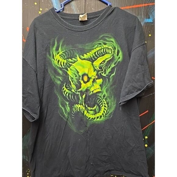 Vintage Tee Shirt 2X Goth Skull Snake Skeleton Glow‎ in the Dark T-Shirt Black - Picture 1 of 6